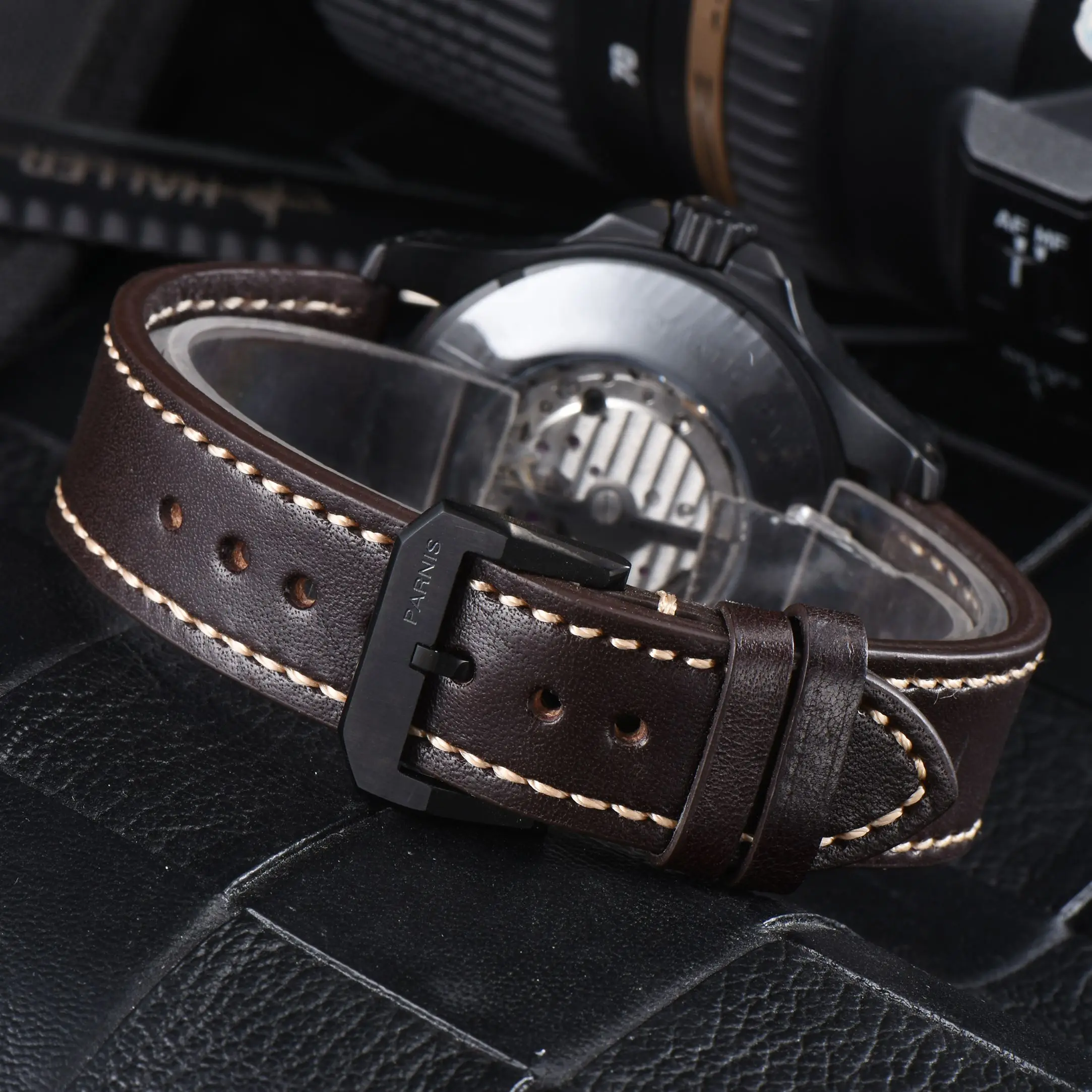 New Fashion Parnis 43mm Black Case Mechanical Automatic Men Watch Leather Strap Sapphire Crystal Luminous Watches With Box Gift
