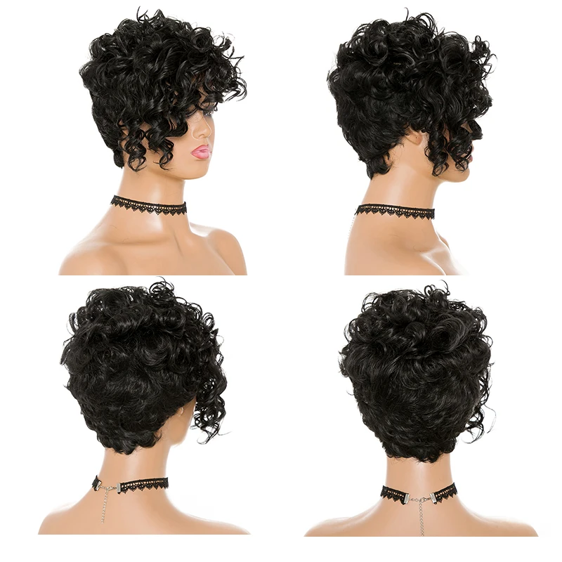 Short Black Bug Afro Natural Wave Curly Synthetic Wigs For Black Wome Layered Hair Side Part High Temperature Fiber Cosplay Wigs