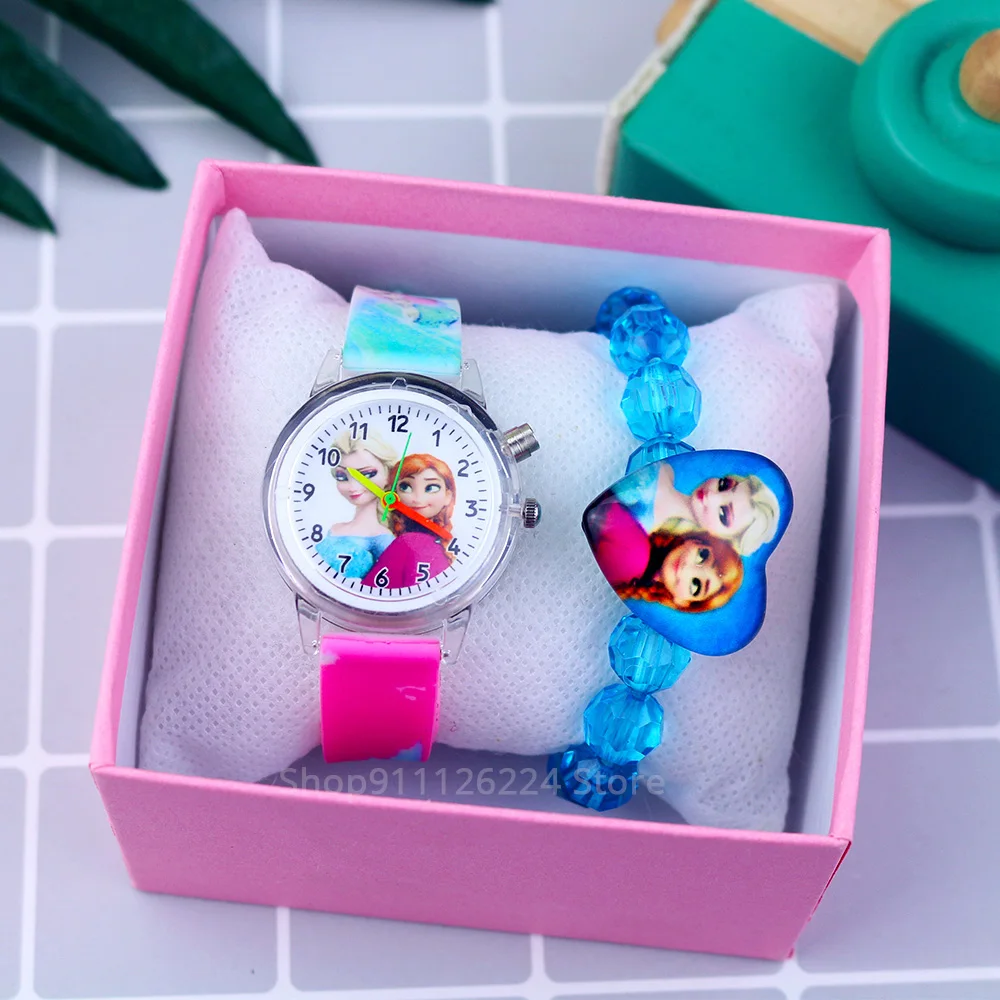 Fashion Cartoon Flash Light Girls Watches Kids with Bracelet Silicone Strap Princess Elsa Children Watches Clock reloj infantil