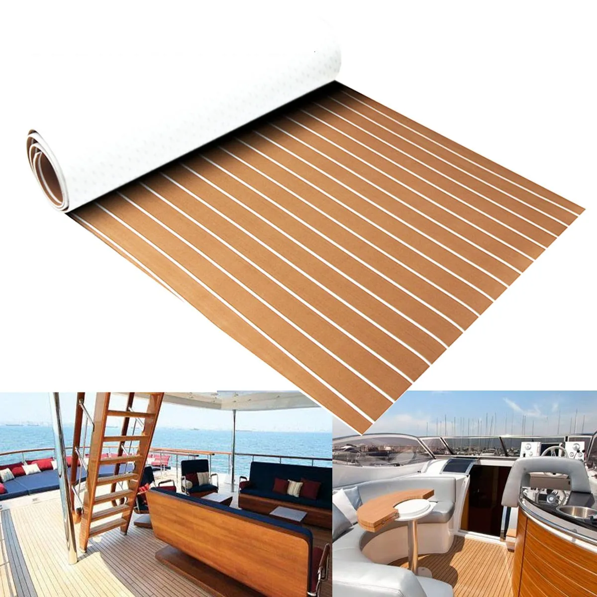 2400x600x5mm Self-Adhesive Boat Decking Sheet Brown White EVA Foam Faux Teak Decking Marine Flooring Sheet Striped Mat Pad