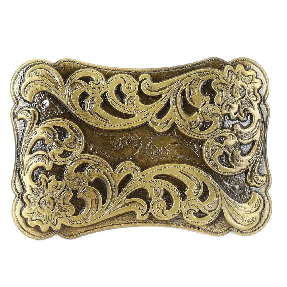 

Golden retro flower rectangular belt buckle men's western cowboy buckle without belt custom alloy width 4cm
