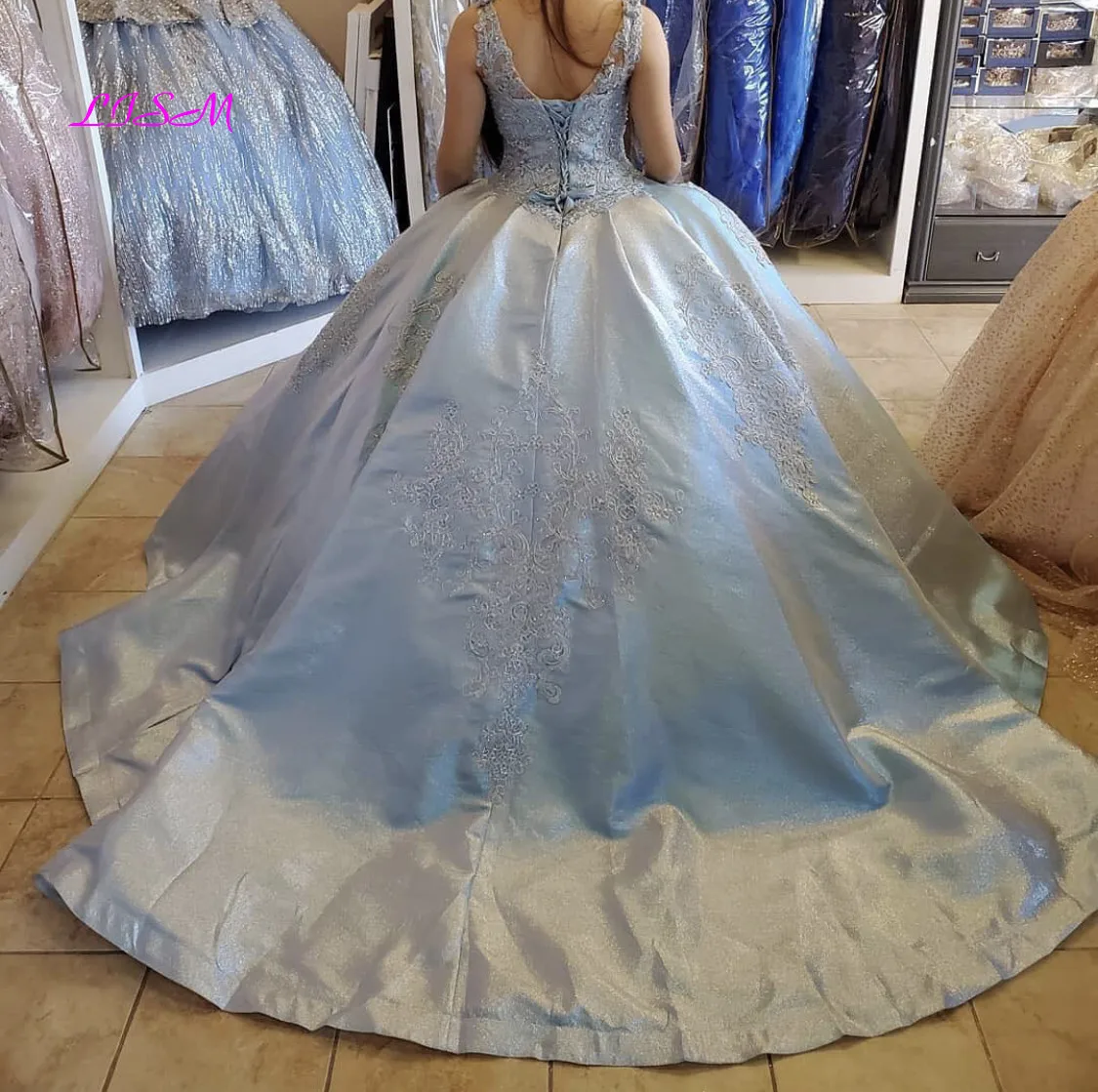 Lichtblauw Quinceanera Dress 2021 V-hals Pailletten Kralen Kant Backless Party Prinses Zoete 16 Baljurk Vestidos De 15 Años