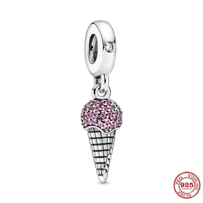 Unique 925 Sterling Silver Bead Pavé Ice Cream Cone Dangle Charm fit Original Pandora Bracelets for Women Jewelry Making Gift