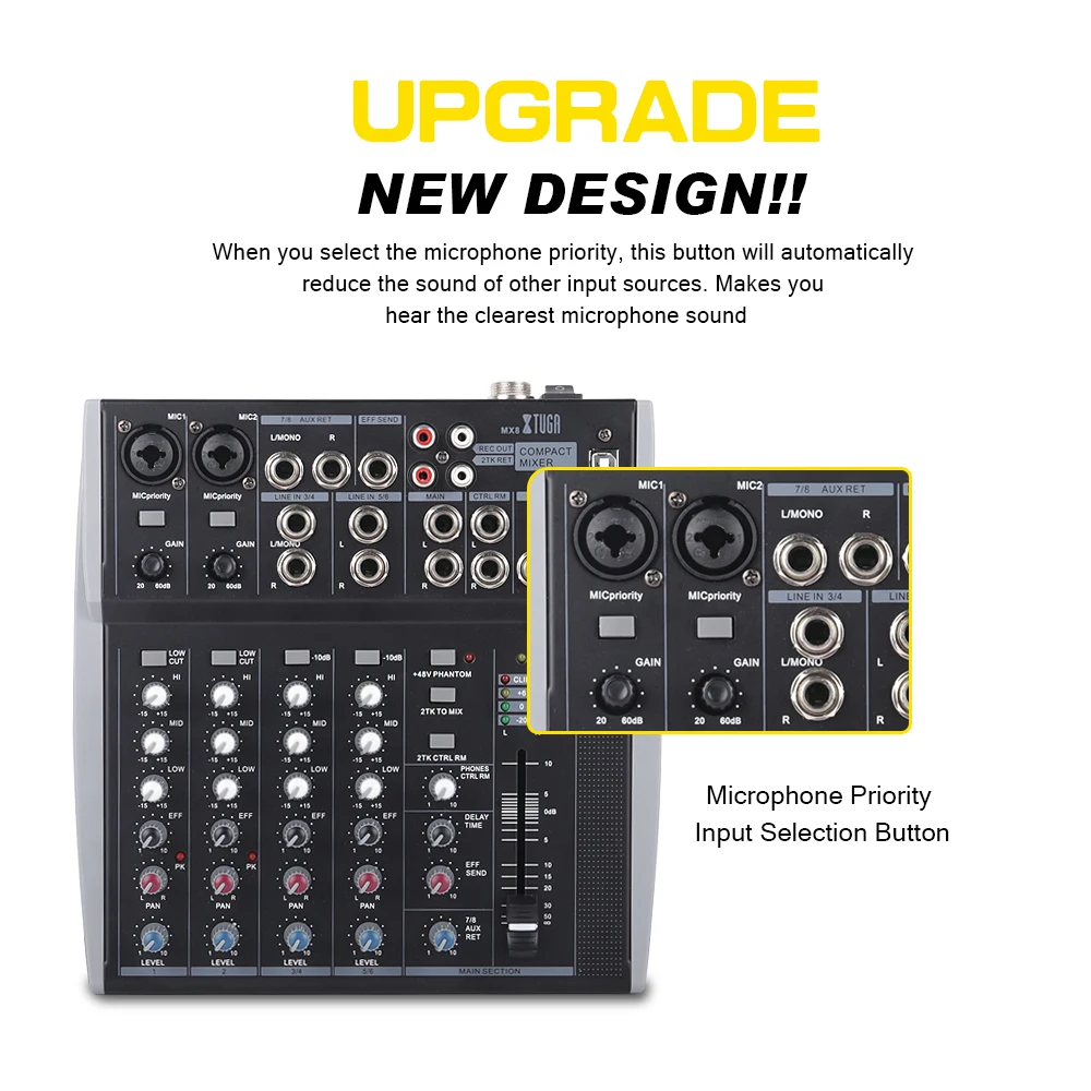 XTUGA 8 Canali 3-Band EQ Mixer Audio Mixing Console con USB XLR LINEA di Ingresso 48V Phantom Power per La Registrazione DJ Della Fase