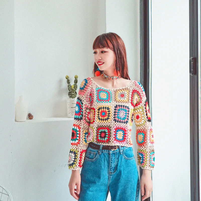 TIYIHAILEY Free Shipping 2021 New Fashion Full Sleeve Spring And Autumn Short Sweaters Tops Hand Made Knitted Crochet Black Red