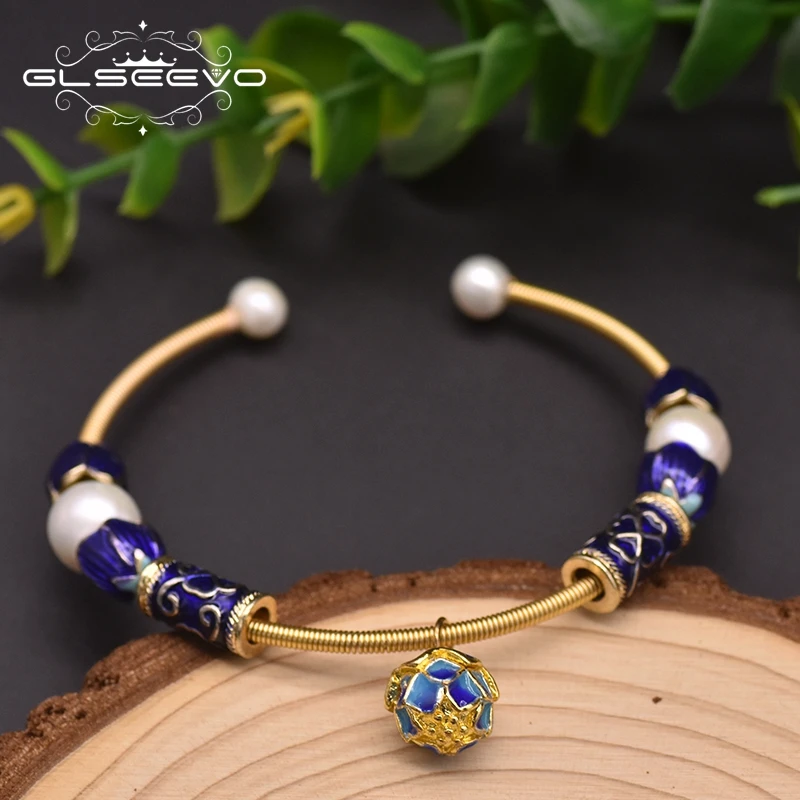 Glseevo Handmade Cloisonne Temperament  Women Bracelets Bangles Natural Fresh Pearl Charm Flower Bracelet Femme Jewellery GB0937