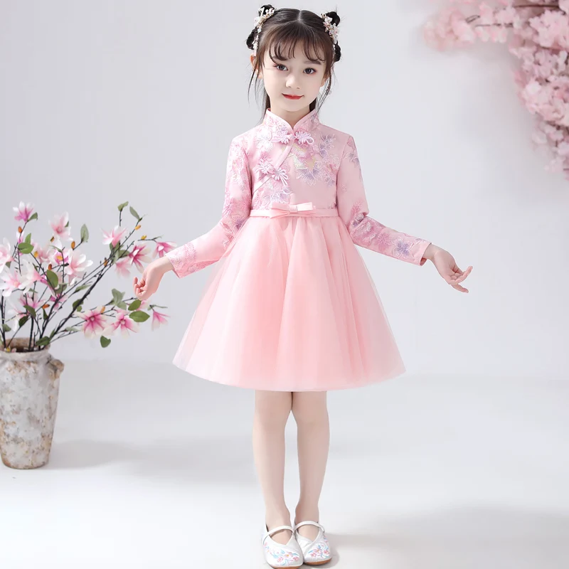 Robe en dentelle brodée de fleurs pour filles, tenue de mariage, Cheongsam, Hafu chinois, robe de fête pour enfants, robe de bébé pour le nouvel an