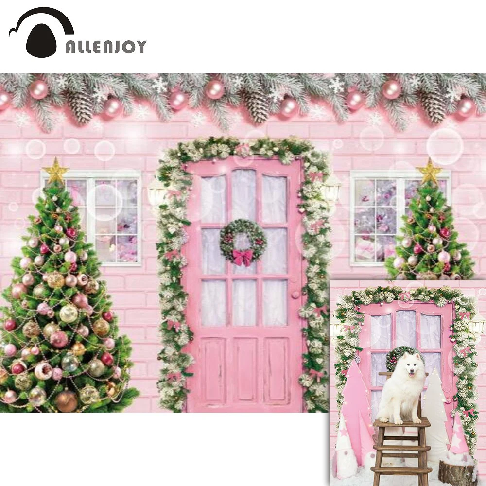 Allenjoy Pink Wood Brick Wall Backdrop Christmas Tree Pine Xmas Winter Girl Portrait Photo Wallpaper Photography Background