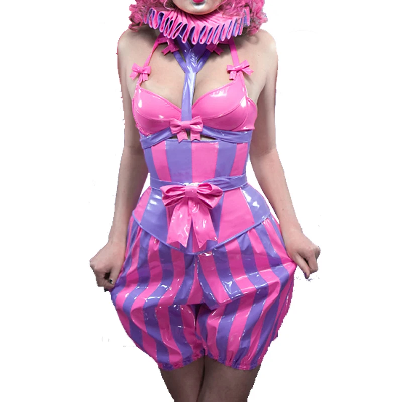 Sexy Clown Latex biustonosz ubrania z bokserki łuki kołnierz ortopedyczny Lolita zestawy gumowe Bodycon Playsuit sznurowanie z tyłu Qz-073