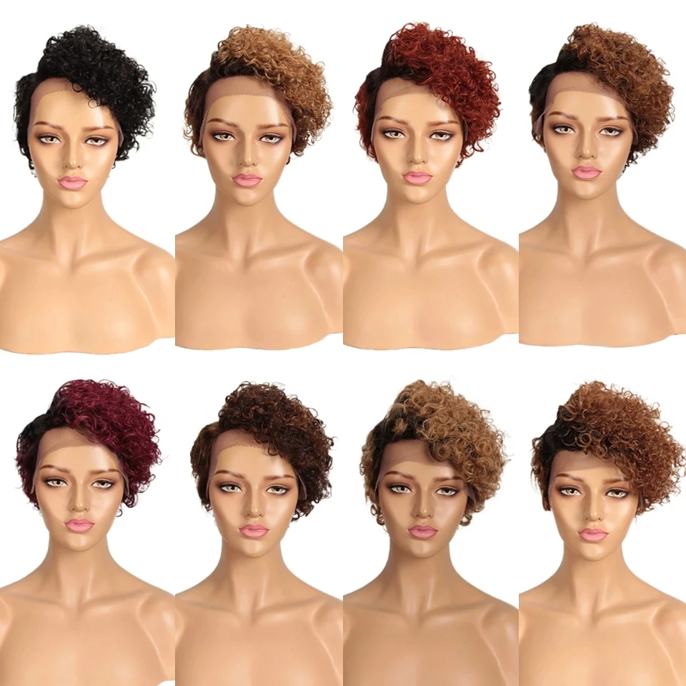 Wonderful Curly Lace Part Bob Wig Colored Short Curly Human Hair Wigs For Black Women Ombre Blond Brown Jerry Curl Lace Part Wig