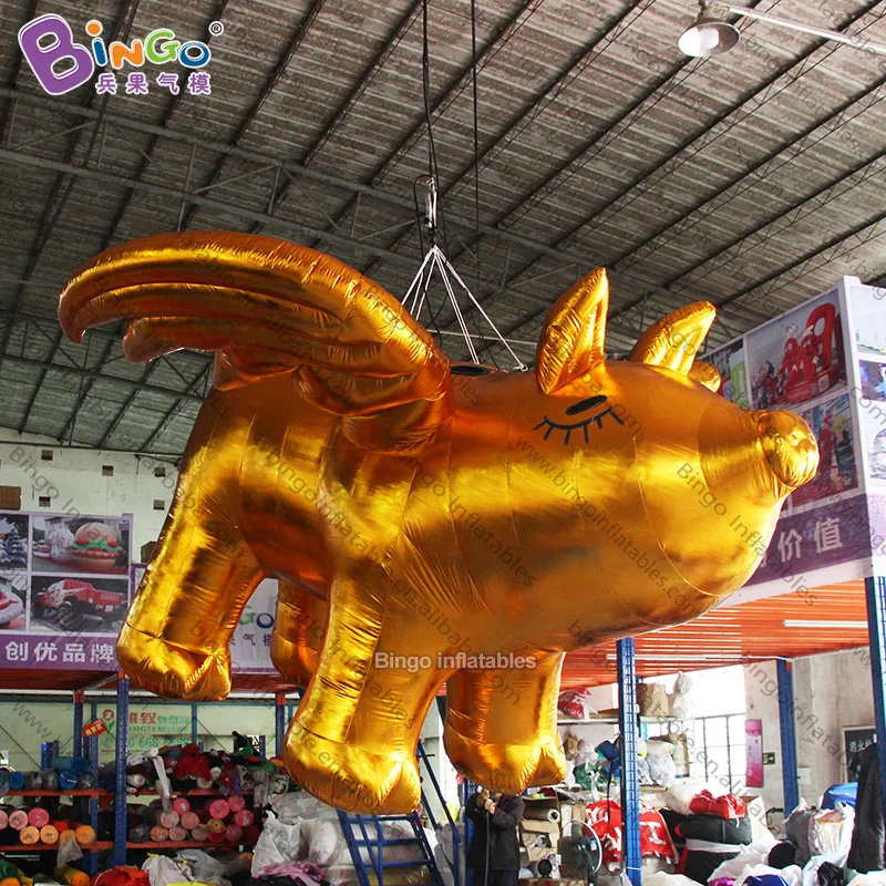 Hanging-dec 3.7x3.7x2.5 meters inflatable golden pig with wings for event / blow up flying pig balloon toys for sale