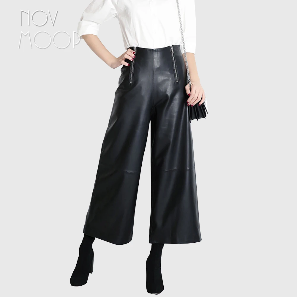 

Novmoop loose style women spring black high waist sheepskin genuine leather wide leg pants with zipper decor pantalones LT3065