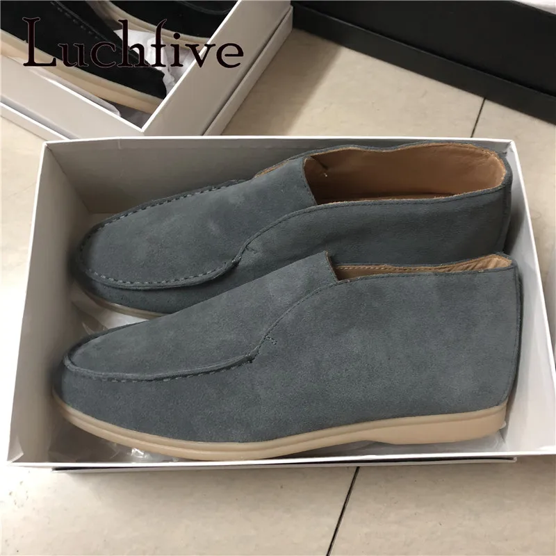 Kid Suede Leather High Top Men Loafers Slip on Open Casual Walking Shoes Spring Autumn Men Flats Leisure Lazy Shoes