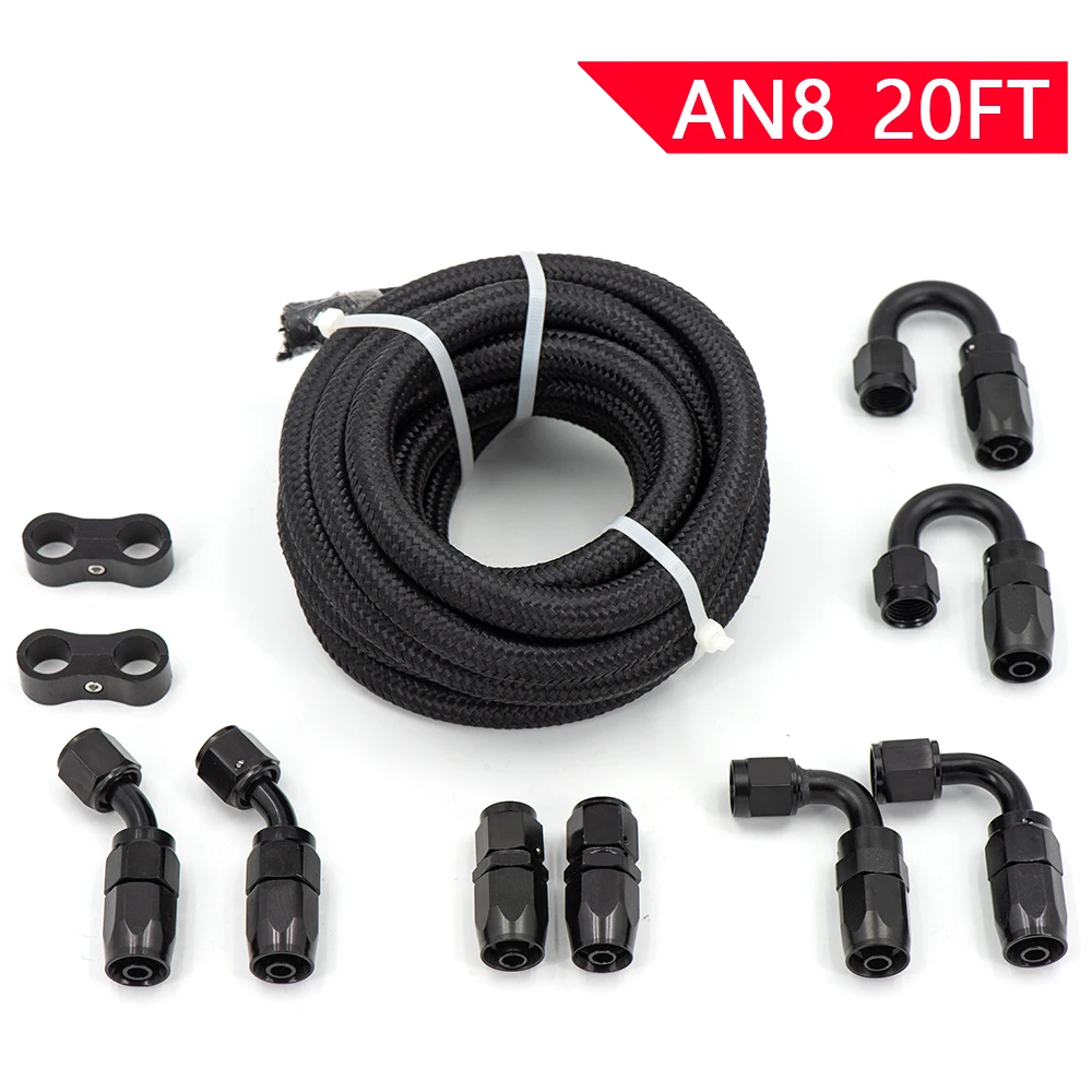 Kit d'adaptateur d'huile tressé noir avec pinces, extrémité de tuyau de carburant, 8AN AN8, 0 + 45 + 90 + 180, 3m