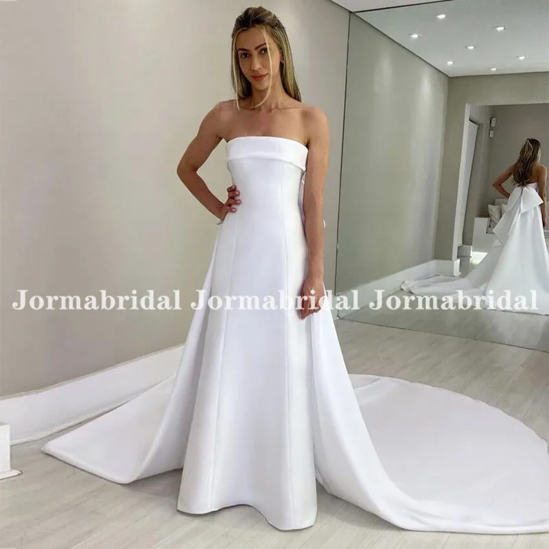 

Strapless Satin Wedding Dresses With Bow Tie Back Long Chapel Train Sheath Brazil Bride Dress White Ivory Vestido de casamento