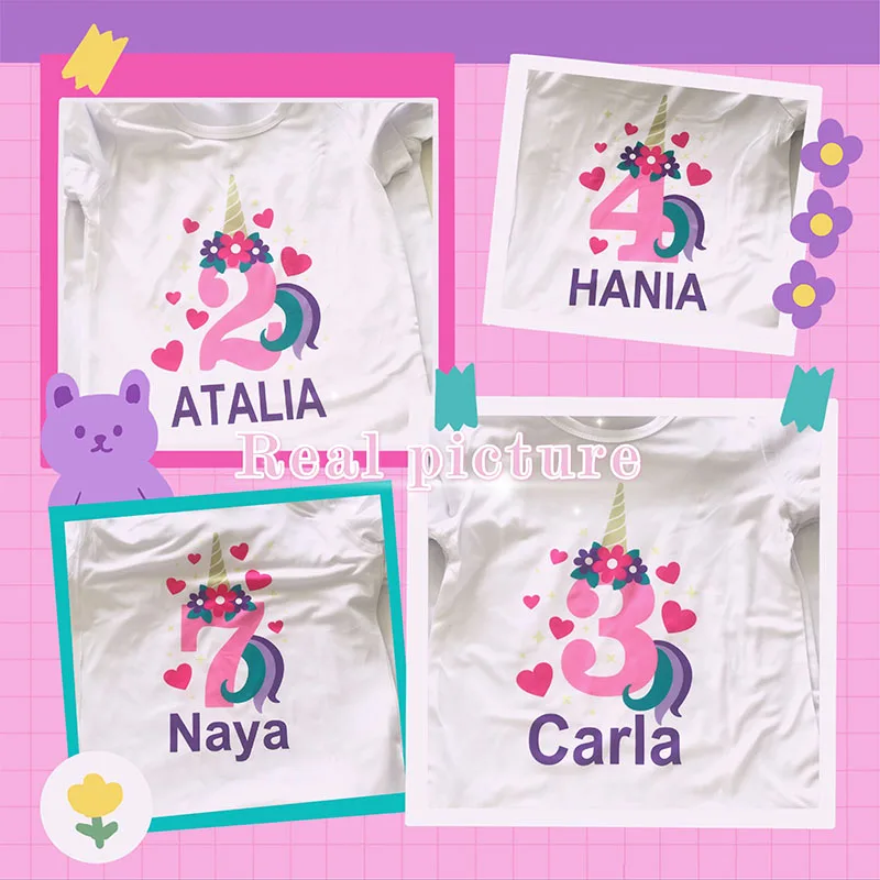 Happy Birthday Number 1-10 Bow Cute Unicorn Print Girls T shirt Customize Name Kids T-shirts Party Baby Children Tops,HKP5399