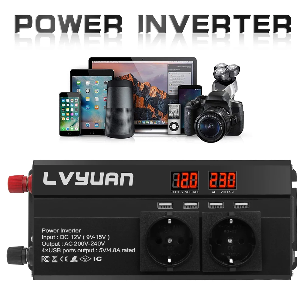 1000W Full Power 12V/24V  220V 50 HZ EU Car Inverter Converter with Dual AC Outlets 4 USB Modified Sine Wave Inverter For RV Car