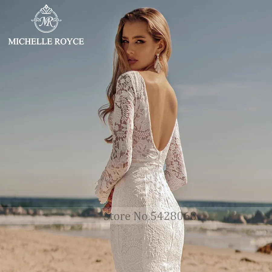 Michelle Royce Mermaid Scoop Long Sleeve Wedding Dresses For Women 2022 Bride Backless Chapel Train Bridal Gown Vestido De Novia