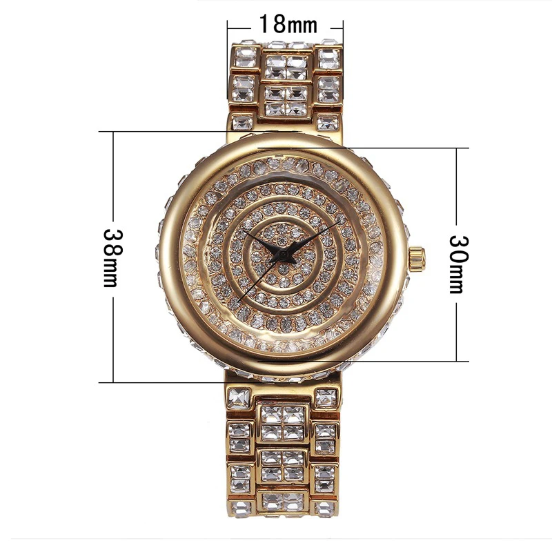 Hip Hop Full CZ Stone Circle18K Gold Stainless Steel Watchband Quartz Wristwatch Man Women Luxury Brand Waterproof Watches