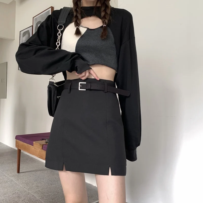 

Vintage Women A-line Skirt Casual Korean Harajuku High Waist Mini Skirts Sweet Sashes Empire Above Knee Skirt Gothic