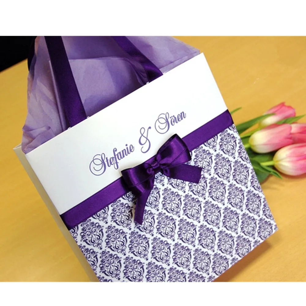 Personalized Purple Wedding Welcome Bags with satin ribbon, damask pattern, bow and names  Custom  Paper  Bags   Weddings  Gifts