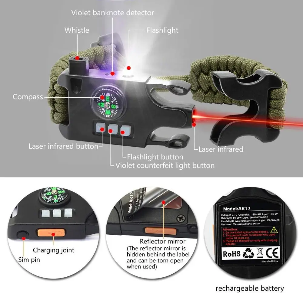 Tactical Survival Wristband Bracelet Emergency Gear Kit with Laser Infrared SOS LED Flashlight UV Lamp Compass Rescue Whistle