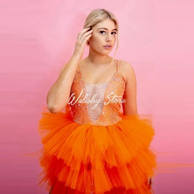 

New Arrival Orange Ruffled Short Dresses For Hot Girls Bling Beads Spaghetti Strap Prom Gowns Birthday Party Dress Women vestido