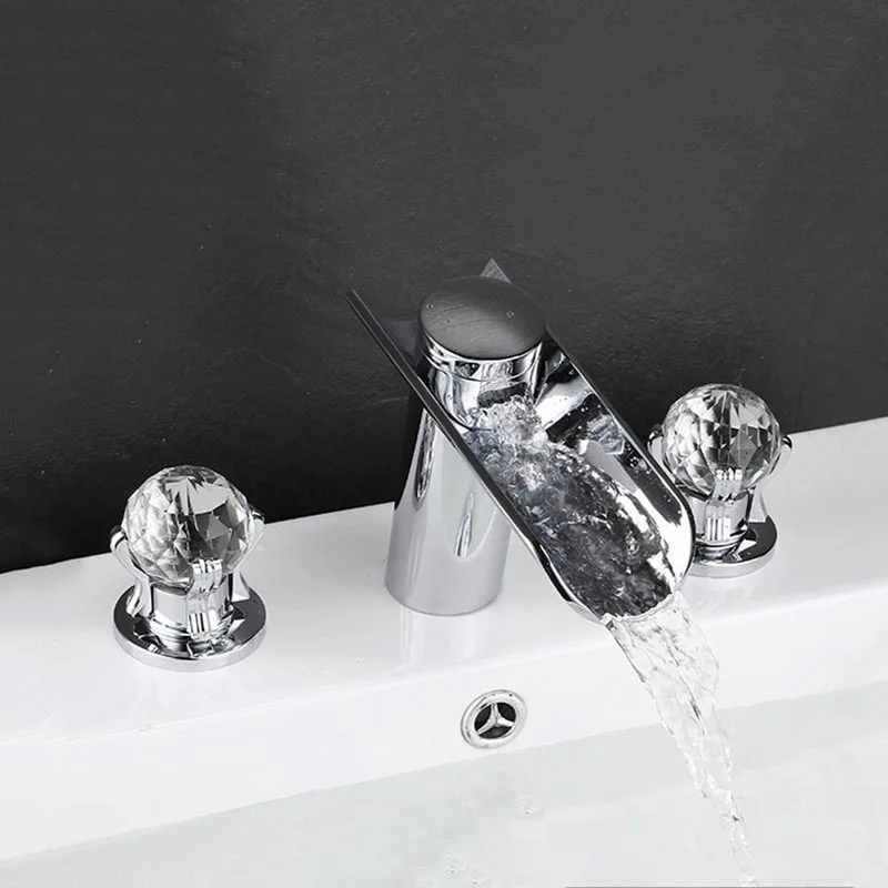 Chrome Brass Bathroom Waterfall Basin Faucet Hot & Cold Water Mixer Taps  Deck Mounted 3 Hole Crystal Handle