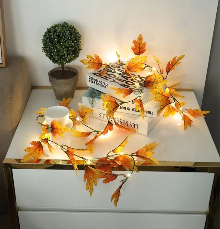 Autumn Maple Leaves rattan Battery LED Vine String lights Stair Railing Decoration Plants Fence Christmas Party home decor