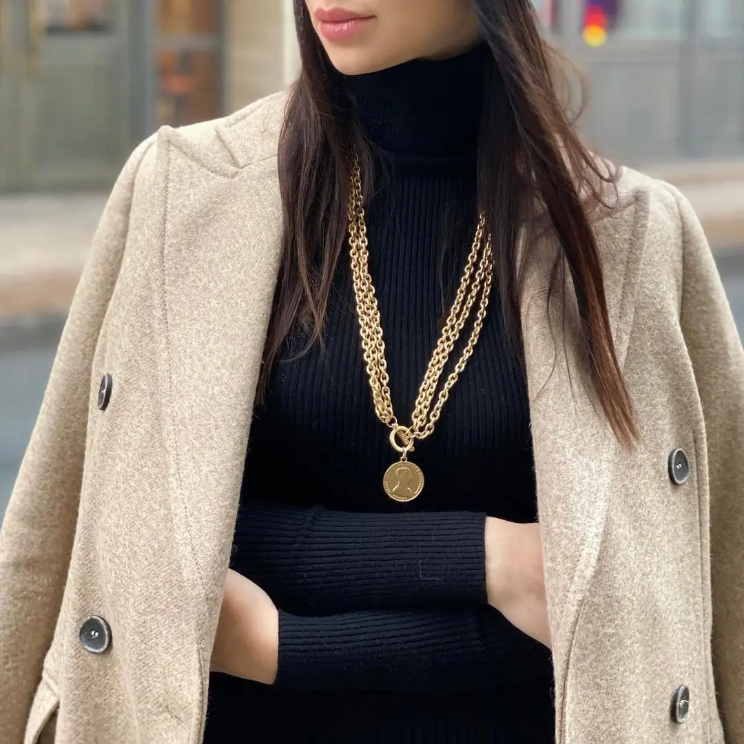 Flashbuy Gold Color Necklace For Women Vintage Multi-layer Long Chain Metal Portrait Coin Pendant Necklace Fashion Jewelry