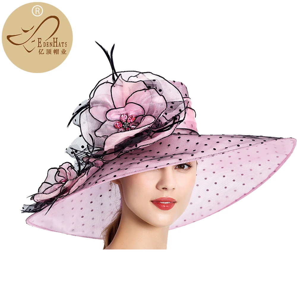 

Ladies Organza Hats with Feathers & Brooch Beach Hat Floral Hat Kentucky Derby Hat S10-2452