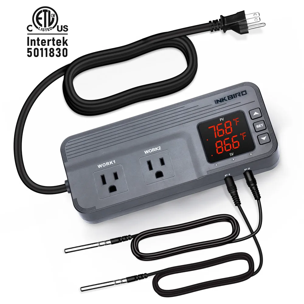 INKBIRD ITC-608T Temperature Humidity 2-in-1 Socket Controller 15A 1800W Pre-wired AC Dual Stage Outlet Thermostat With 2 Probes