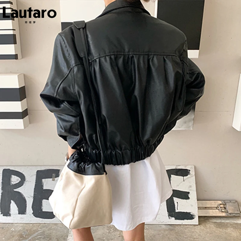 Lautaro-Short Black Faux Leather Jackets for Women, Waterproof, Soft, Light, Long Sleeve, Cool Outerwear, Fashion, Spring,