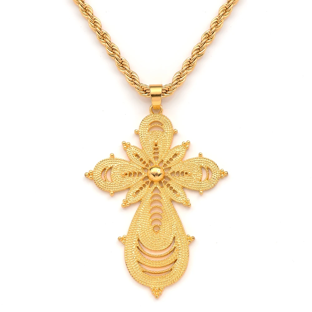 Exaggerate Ethiopian Gold Color Cross Pendant Necklace For Women Elegant Vintage Arab Africa Jewelry Wedding Gifts