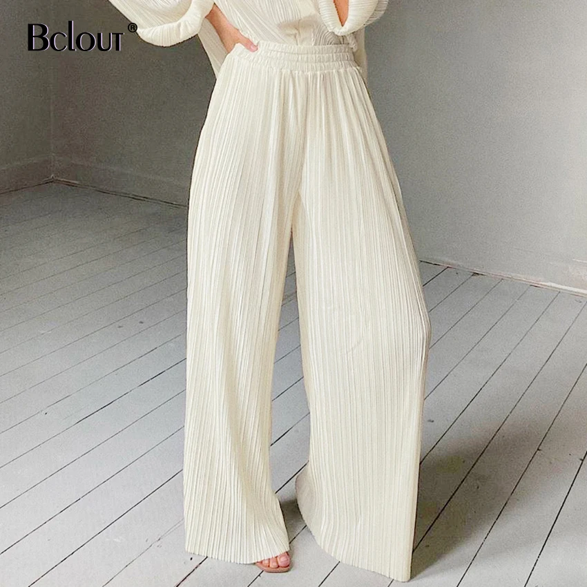 

Bclout 2021 Elegant Khaki Slim Long Pants Female High Waist Trousers Women Casual Pleated Wide Leg Pants Trousers Spring Autumn