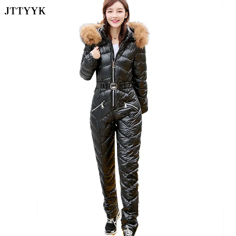 JTTYYK New Winter Women\'s Hooded Jumpsuits Parka Cotton Padded Warm Sashes Ski Suit Straight Zipper One Piece Casual Tracksuits