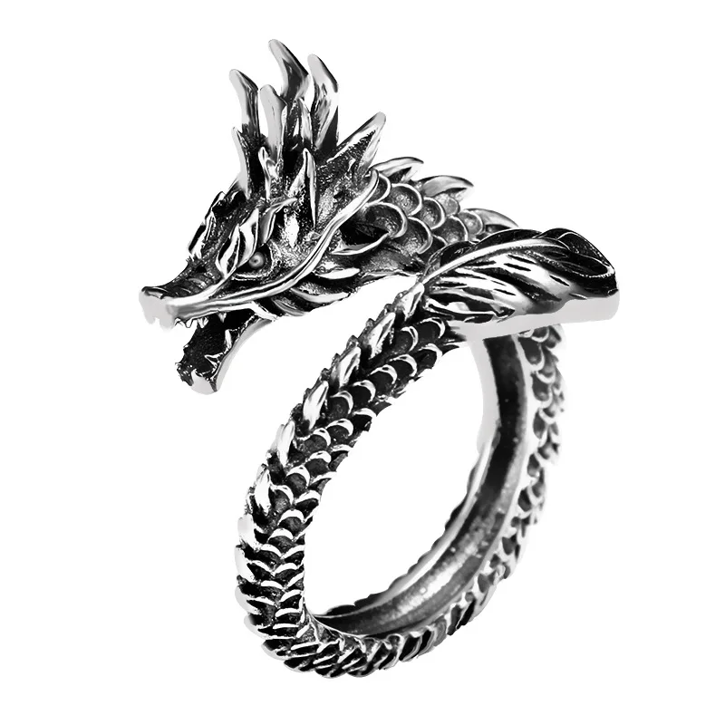 Foxanry Silver Color Vintage Fashion Gothic Punk Ancient Dragon Men Jewelry Opening Ring Thai Silver Boyfriend Gift Party