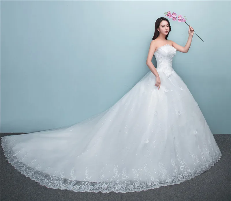 Customized New Luxury Beading Brush Train Lace Up Wedding Dress Sexy Strapless Applique Plus Size Bridal Gown Vestido De Noiva