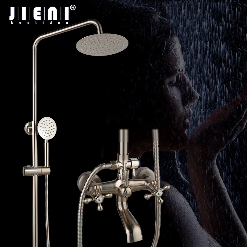 JIENI 8 Inch Nickel Brushed Shower Faucet Mixer Tap Bathroom Wall Mount 3 Functions Rain Shower Head Handheld Spray Shower Set