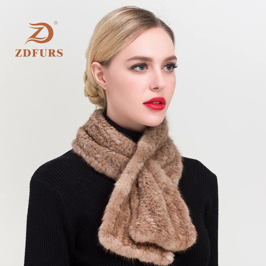 ZDFURS* Hot sale Real Mink Fur Scarf Women Natural Mink Fur Scarves  Quality Unisex Genuine Knitted Mink Fur Shawl scarves