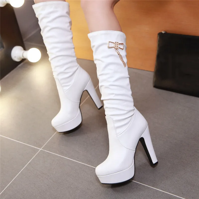 YQBTDL 2024 Fashion Spring Knight Riding Long Mid Calf High ladies boots White Spike High Heel platform party Shoes for women