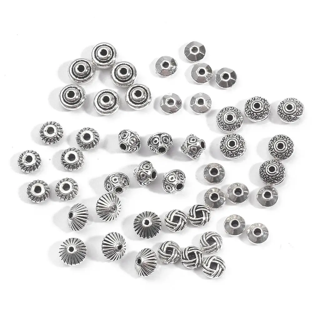 30/50pcs 6/7mm Tibetan Antique Silver Plated Metal Beads Pattern Spacer Beads For Jewelry Making DIY Bracelet Nekclace