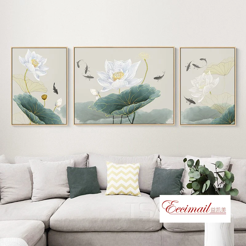 EECAMAIL Modern Chinese Style DIY Diamond Painting Full Diamond Triple Painting Lotus Flower Point-drilling Painting No Frame