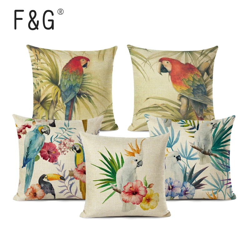 

Decor Cushion Case Tropical Style Bird Animal Parrot Cushions Cover Custom 18inches Print Linen Sofa Home Decor Cover Pillow