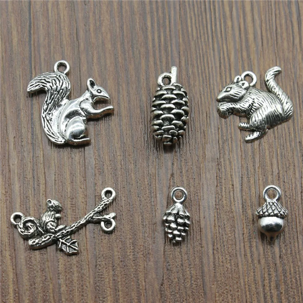 20pcs Antique Silver Color Squirrel Charm Pendants Jewelry Accessories Squirrel Pine Cone Charms Acorn Charms