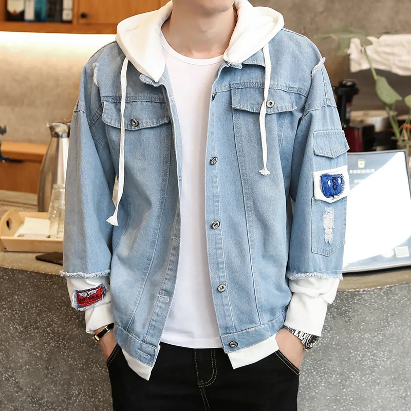 แจ็คเก็ต Denim ผู้ชาย Streetwear Hip Hop ผู้ชาย Hooded Jean ชายเสื้อ Casual Outerwear หลวม2021ฤดูใบไม้ผลิใหม่แฟชั่น Slim fit Coat