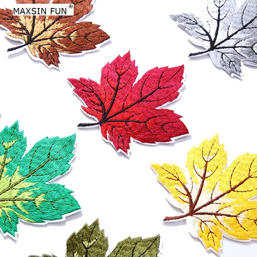 MAXSIN FUN 10PCS Cute Small Maple Leaf Patches Iron On Applique Chinese Style Embroidery Stickers Cloth DIY Decals Decorative