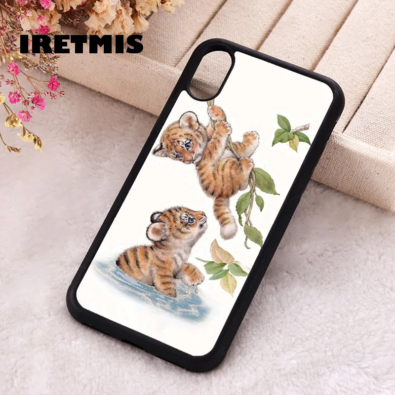 Iretmis phone cover cases for iphone 6 6S 7 8 Plus X Xs Max XR 12 13 MINI 14 15 Pro Soft Silicone Little tiger playing