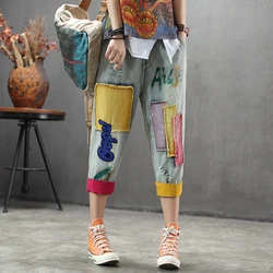 New High Quality Women M-4XL Retro Patch Embroidered Printed Loose Jeans Oversized Light Blue Washed Ripped Jeans Cropped Pants