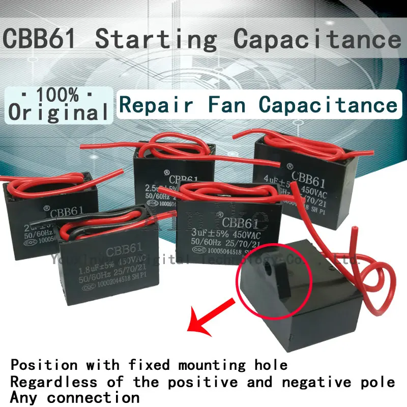 Cbb61 450vac ventilador de partida capacitância 1.2uf 1.5uf 1.8uf 2uf 2.5uf 3uf 4uf 5uf 8uf 10uf 25uf ventilador de teto gama ventilador ventilador